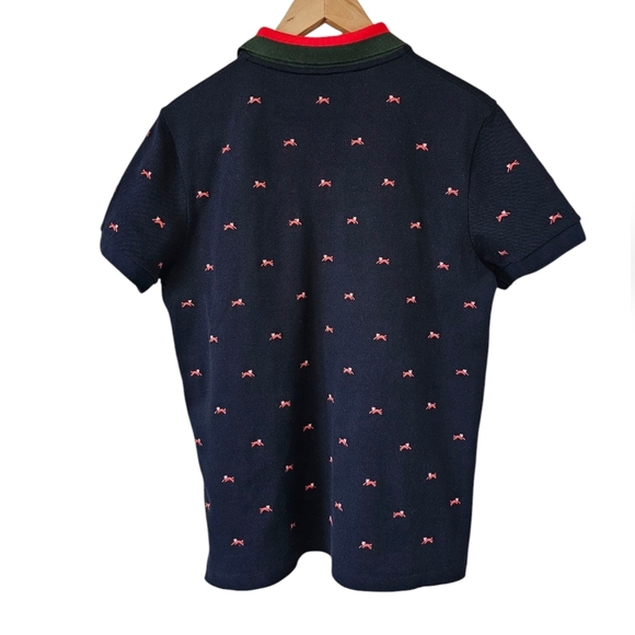 Gucci Dark Blue Polo Embroidered Shirt, Short Sleeves Red Green Striped Collar.L - Picture 5 of 11